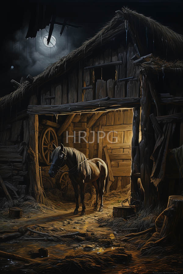 High Resolution: Dark moonlit barn weathered thatched roof brown horse white mane stands illuminated doorway next wooden wheel download. | HRJPG.com