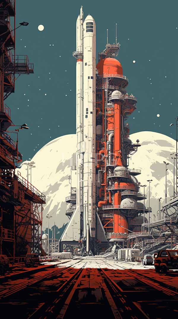 High Resolution: Futuristic space launch site tall white rocket stands vertically center surrounded intricate orange and gray industrial structures download. | HRJPG.com