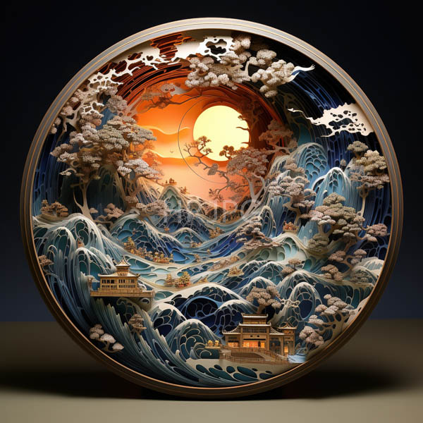 High Resolution: Circular intricately detailed scene inspired traditional Japanese art central focus vibrant orange sun partially obscured swirling clouds download. | HRJPG.com