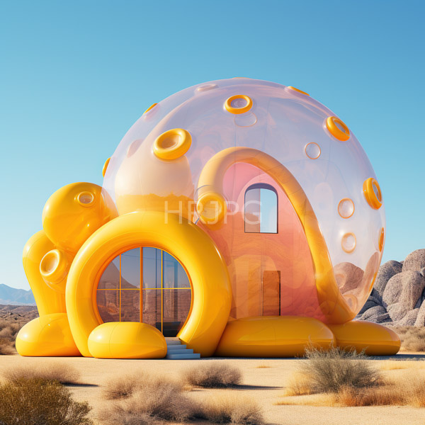 High Resolution: Surreal inflatable desert house transparent bubble-like dome adorned yellow circular cutouts structure bright yellow inflatable base elements central download. | HRJPG.com