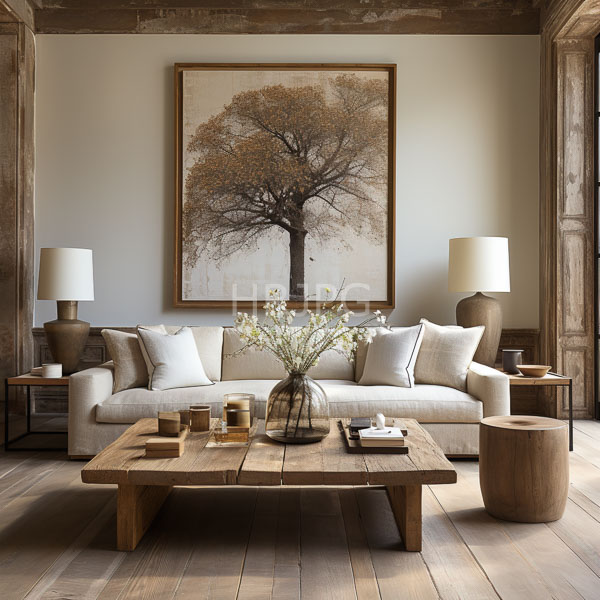 High Resolution: Rustic minimalist living room features beige sofa white and cream cushions flanked two wooden side tables white lamps download. | HRJPG.com