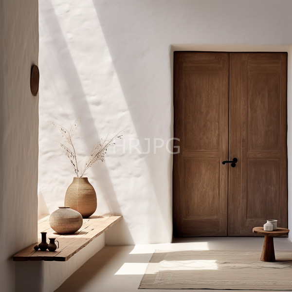 High Resolution: Minimalist sunlit room white plaster walls wooden double doors wooden shelf holds two beige ceramic vases one dried branches download. | HRJPG.com