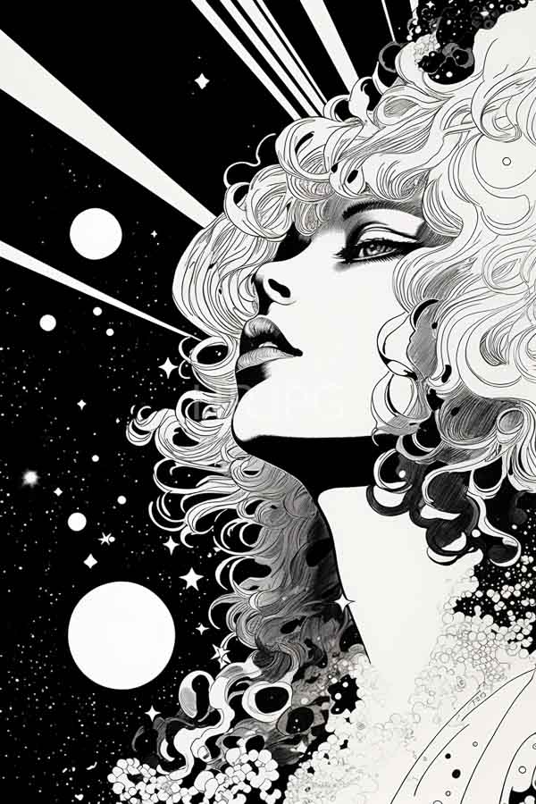 High Resolution: Black-and-white comic book style features woman curly wavy hair gazing upward Her eyes wide expressive and she has dark download. | HRJPG.com