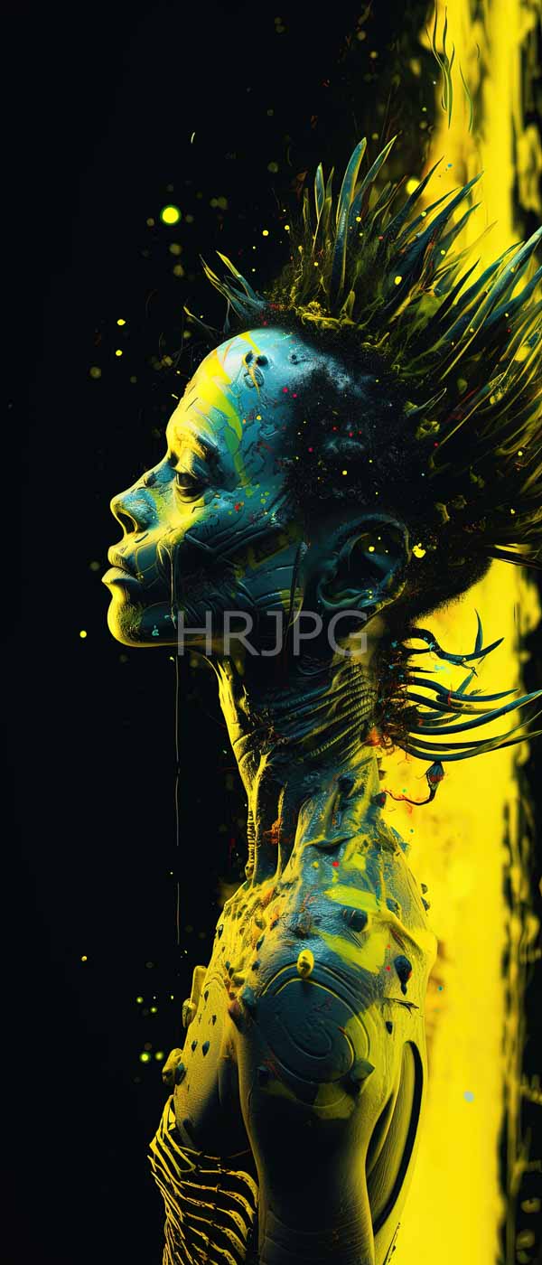 High Resolution: Painted dark-skinned person spiky hair facing left subject's face neck and shoulders adorned vibrant blue yellow and black abstract download. | HRJPG.com