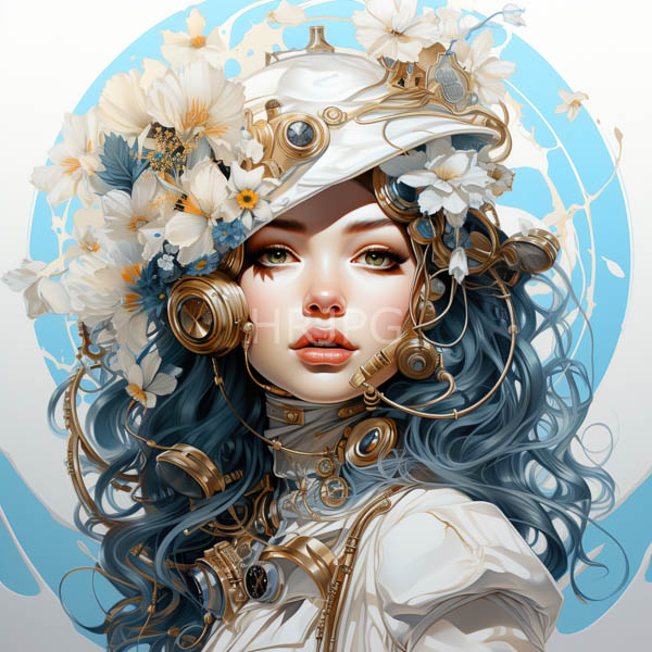 High Resolution: Beautiful fair-skinned woman blue wavy hair wearing white steampunk-inspired outfit adorned gold gears and flowers She has green eyes download. | HRJPG.com