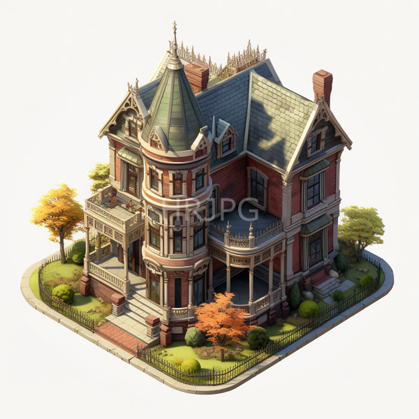 High Resolution: Victorian-style two-story house intricate ornate architecture house features prominent circular turret conical roof steeply pitched green-tiled roof download. | HRJPG.com