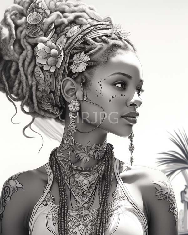 High Resolution: Black-and-white dark-skinned woman intricate large twisted dreadlocks adorned flowers She wears elaborate jewelry including large hoop earrings choker download. | HRJPG.com
