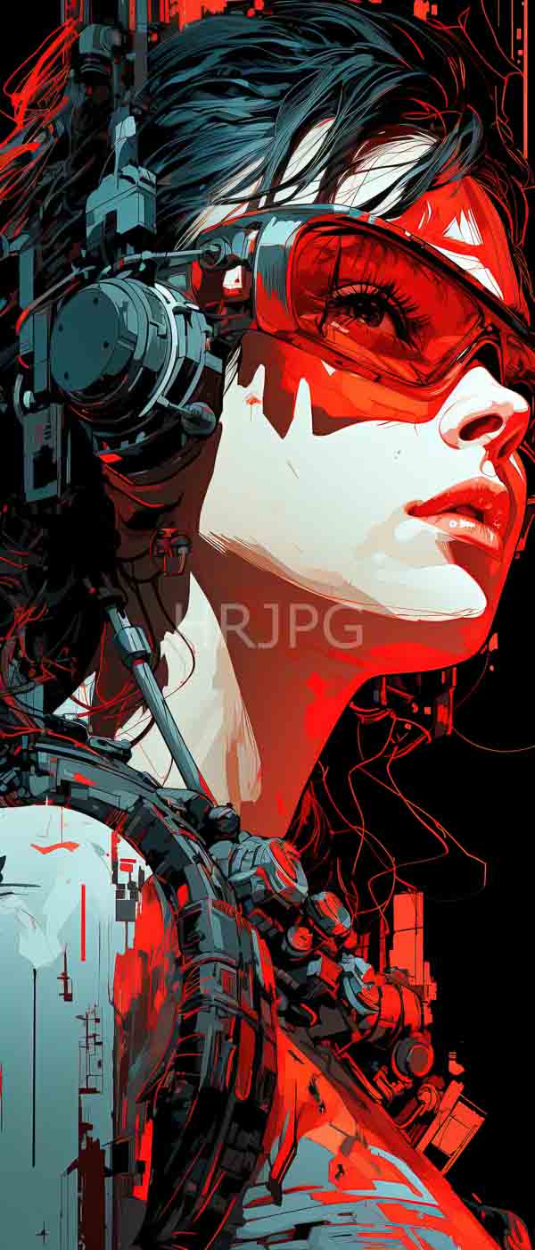 High Resolution: Futuristic female character pale skin black hair red-tinted visor She wears large detailed headphones cybernetic collar abstract red and black download. | HRJPG.com