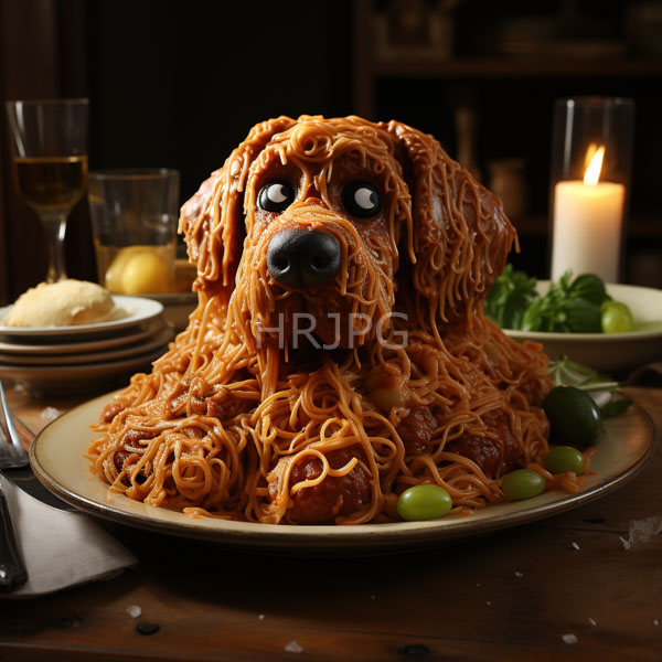 High Resolution: Creative food sculpture resembling dog made entirely spaghetti black plastic nose wide white eyes dog sits beige plate surrounded download. | HRJPG.com