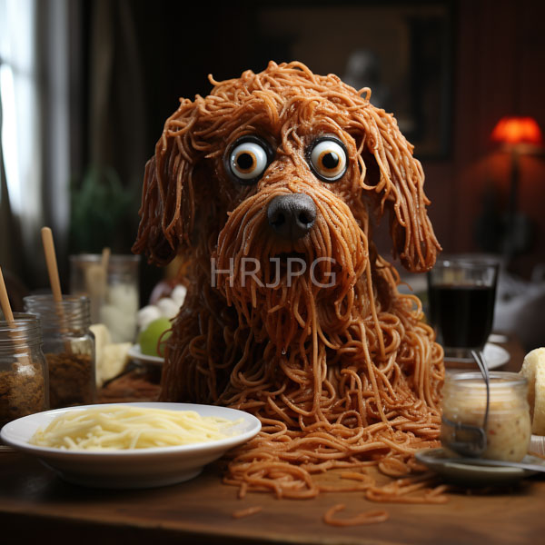 High Resolution: Whimsical life-sized dog sculpture made entirely tangled brown spaghetti dog has large round expressive eyes and small black nose download. | HRJPG.com