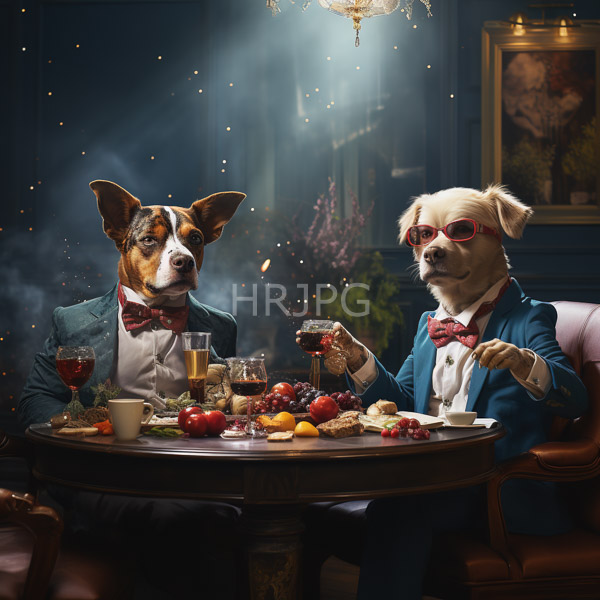High Resolution: Two anthropomorphic dogs formal attire seated round table dimly lit elegant room left dog brown and white coat wears download. | HRJPG.com