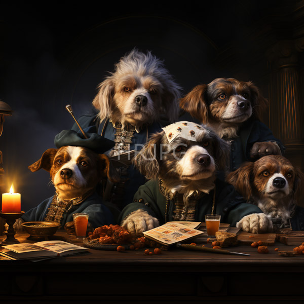 High Resolution: Six anthropomorphic dogs 17th-century attire seated around dimly lit wooden table dogs varied fur colors and textures wear green download. | HRJPG.com