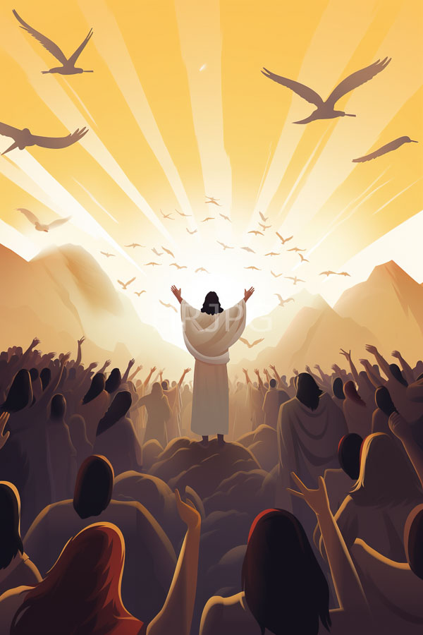High Resolution: Crowd raised arms centered figure dark curly hair wearing white robe standing arms outstretched facing radiant golden sunrise download. | HRJPG.com