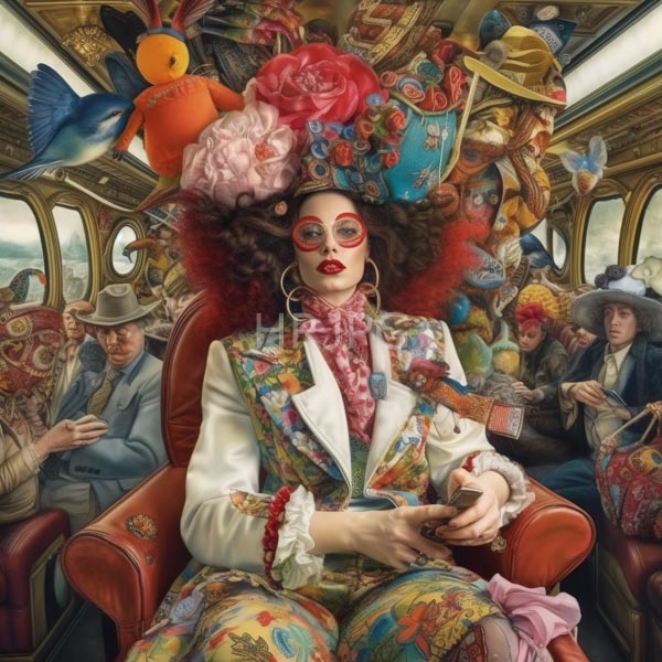 High Resolution: Flamboyant woman curly red hair wearing colorful patterned suit red lipstick round glasses She sits vintage bus surrounded eclectic objects download. | HRJPG.com