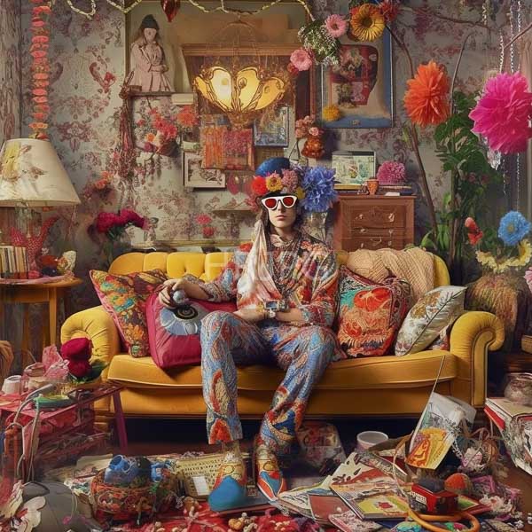 High Resolution: Person long brown hair wearing colorful patterned pajamas white sunglasses blue flower headpiece sitting yellow velvet couch cluttered eclectic room download. | HRJPG.com