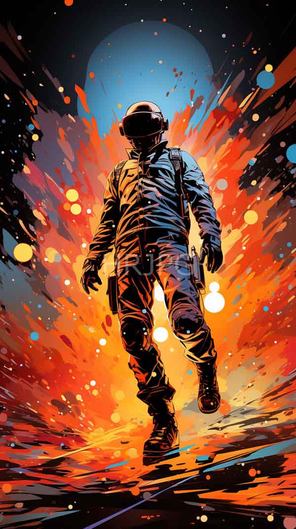 High Resolution: Silhouetted astronaut spacesuit walking through vibrant explosion orange red and yellow colors scattered light orbs features large glowing download. | HRJPG.com