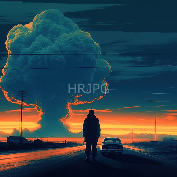 High Resolution: Silhouetted person dark clothing standing deserted road sunset facing massive glowing orange-edged cloud that dominates sky download. | HRJPG.com