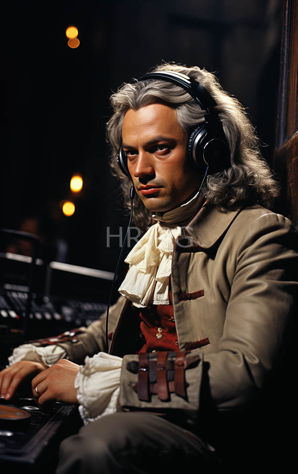 High Resolution: White man long wavy gray hair wearing 18th-century-style clothing beige coat white ruffled shirt brown vest He seated vintage mixing download. | HRJPG.com