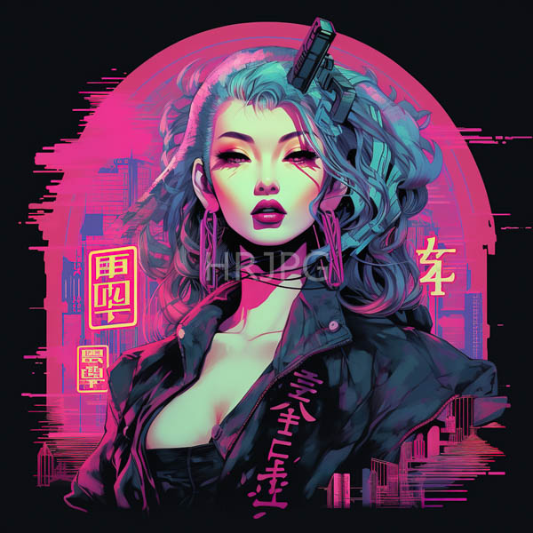 High Resolution: Striking blue-haired woman wavy hair wearing black leather jacket revealing ample cleavage She has bold pink eyeshadow and large download. | HRJPG.com