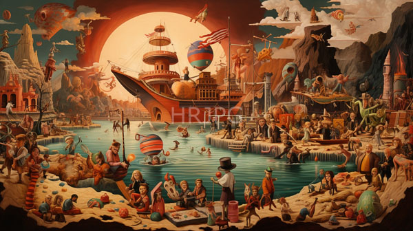 High Resolution: Detailed surreal whimsical oil vibrant chaotic harbor scene large colorful ship multiple masts American flag flies prominently center set download. | HRJPG.com