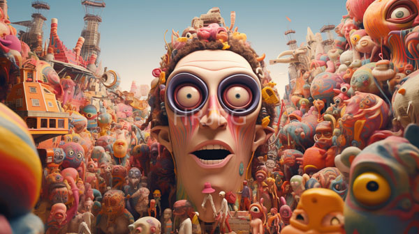 High Resolution: Vibrant surreal wide-eyed pale-skinned bald man curly hair adorned colorful whimsical objects His face surrounded dense crowd similarly bizarre download. | HRJPG.com