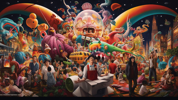 High Resolution: Vibrant surreal fantasy cityscape filled colorful fantastical creatures and characters At center large transparent dome houses fierce dragon-like beast download. | HRJPG.com