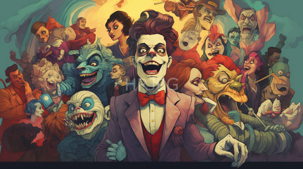 High Resolution: Vibrant cartoonish style central character white face paint red bowtie purple suit surrounded chaotic crowd various grotesque colorful and animated download. | HRJPG.com