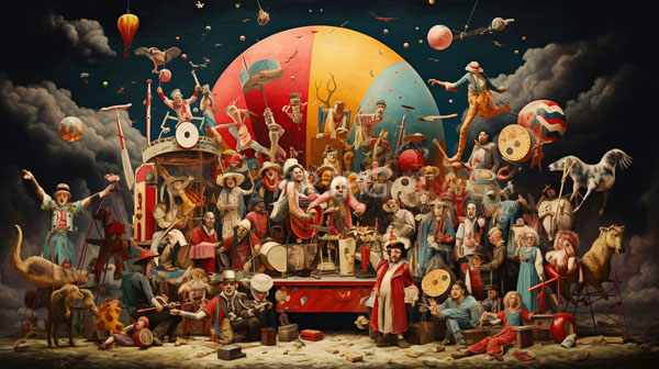 High Resolution: Vibrant surreal carnival scene diverse group people dressed colorful eclectic costumes gather around large multicolored balloon download. | HRJPG.com