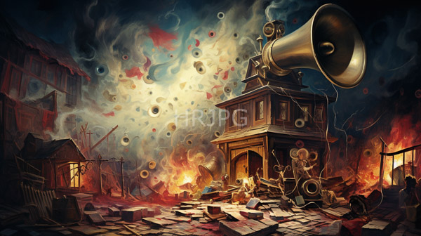 High Resolution: Chaotic fiery scene large brass megaphone atop wooden shack emitting smoke sky filled swirling colorful orbs Debris and papers download. | HRJPG.com