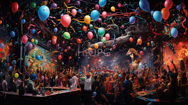 High Resolution: Vibrant crowded nightclub lively party atmosphere ceiling filled colorful balloons and confetti illuminated bright lights diverse crowd including download. | HRJPG.com