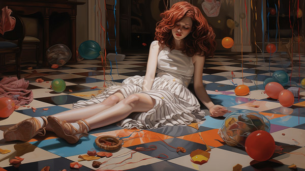 High Resolution: Sad red-haired girl fair skin wearing white sleeveless striped dress brown sandals sitting checkered floor amidst scattered balloons and download. | HRJPG.com
