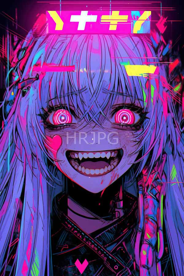 High Resolution: Anime-style creepy girl long white hair glowing pink eyes wide toothy grin Neon pink and purple text overlays her face download. | HRJPG.com