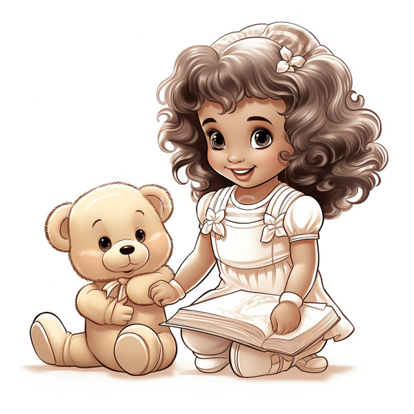 High Resolution: Curly-haired dark-skinned toddler girl white dress puffed sleeves kneeling beside beige teddy bear She holds open book her right download. | HRJPG.com