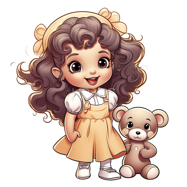 High Resolution: Cute chibi-style girl large expressive eyes curly brown hair yellow headband She wears yellow dress over white blouse white shoes download. | HRJPG.com