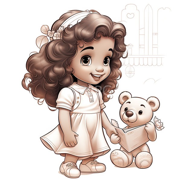 High Resolution: Cute curly-haired young girl large expressive eyes wearing white dress headband holding hands teddy bear reading book download. | HRJPG.com