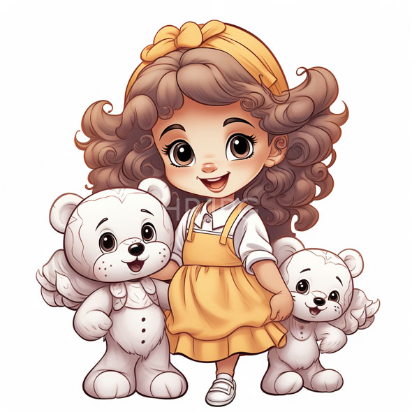 High Resolution: Cute chibi-style girl large expressive eyes curly brown hair yellow headband She wears yellow dress over white shirt white shoes download. | HRJPG.com