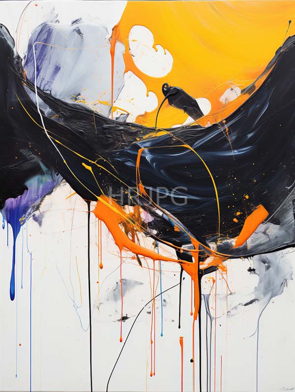 High Resolution: Abstract features bold dynamic brushstrokes Dominated black orange and yellow colors thick textured black waves intersecting bright orange sun-like download. | HRJPG.com