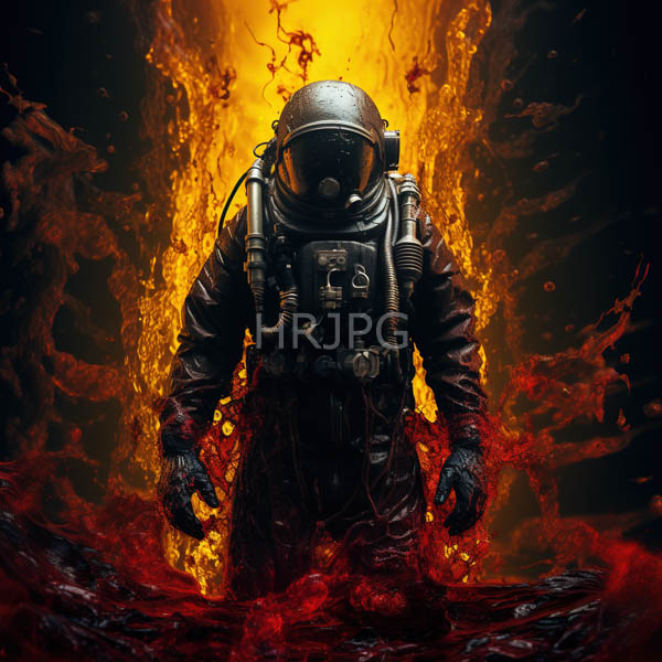 High Resolution: Space-suited astronaut standing front blazing fiery background astronaut reflective helmet oxygen tank surrounded intense orange and red flames download. | HRJPG.com