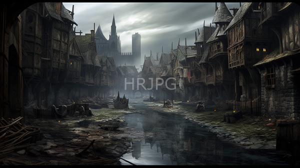High Resolution: Dark atmospheric town medieval fantasy town Gothic-style buildings overcast skies reflective muddy street town surrounded mist tall pointed download. | HRJPG.com