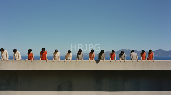 High Resolution: Line 15 people viewed from behind sitting concrete ledge against clear blue sky They wear mix orange white and beige download. | HRJPG.com