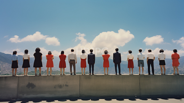 High Resolution: 13 people standing line concrete ledge facing away camera They dressed various colorful outfits including red black white and orange download. | HRJPG.com