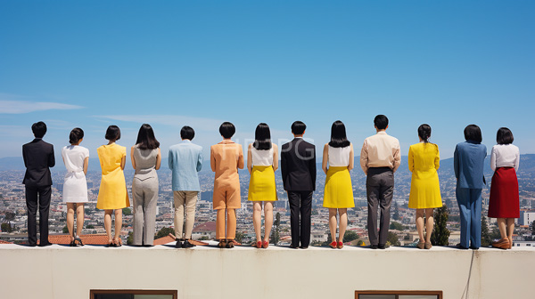 High Resolution: Twelve people standing rooftop backs camera gazing cityscape under clear blue sky They wear colorful semi-formal attire yellow white blue download. | HRJPG.com