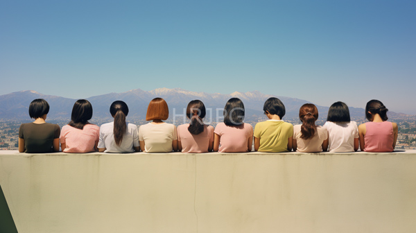 High Resolution: Ten women diverse hair colors and lengths seated backs camera rooftop wearing pastel-colored shirts They face clear blue sky download. | HRJPG.com