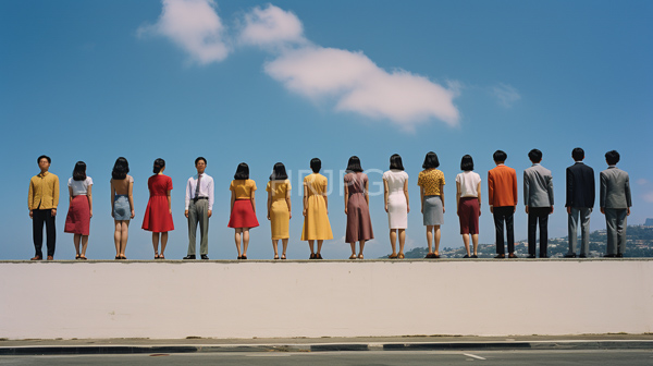 High Resolution: 17 diverse individuals standing line white wall viewed from behind They wear colorful varied outfits including dresses skirts and pants download. | HRJPG.com