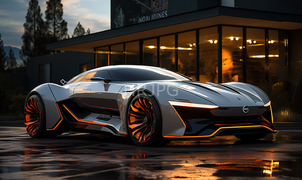 High Resolution: Sleek futuristic silver Nissan GT-R glowing orange accents intricate angular design car parked wet reflective surface front modern glass-fronted download. | HRJPG.com