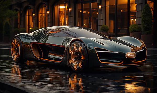 High Resolution: Sleek futuristic black and gold Bugatti concept car aerodynamic curves large wheels glowing orange accents parked wet reflective street download. | HRJPG.com