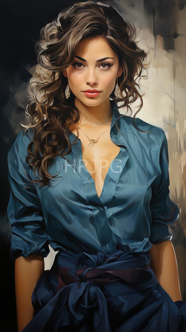 High Resolution: Beautiful woman wavy brown hair wearing deep blue buttoned shirt low neckline revealing cleavage She has fair skin brown eyes download. | HRJPG.com