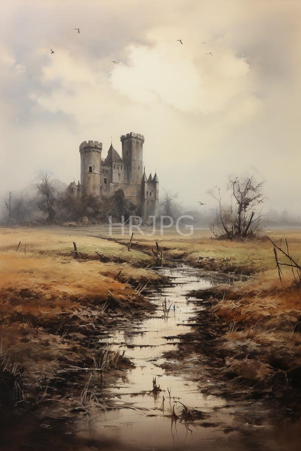 High Resolution: Photorealistic oil misty overcast landscape medieval castle two cylindrical towers foreground narrow reflective stream runs through bordered dry download. | HRJPG.com