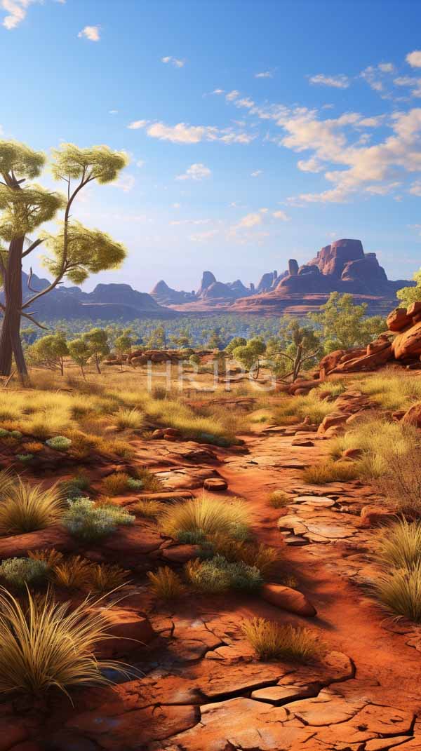High Resolution: Sunlit rocky desert landscape winding path Tall sparse trees green foliage line path leading distant rugged mountain range under download. | HRJPG.com