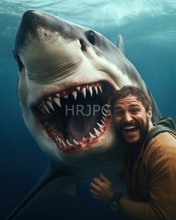 High Resolution: Bearded man brown hair wearing tan jacket smiling beside massive great white shark sharp teeth wide open mouth download. | HRJPG.com
